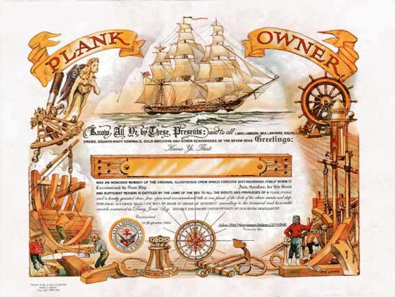 PLANK OWNER - certificate Used with permission. These certificates may be purchased from Tiffany Publishing Company. https://certificatesbytiffany.com/