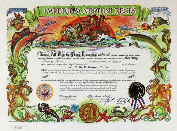 SHELLBACK - certificate Used with permission. These certificates may be purchased from Tiffany Publishing Company. https://certificatesbytiffany.com