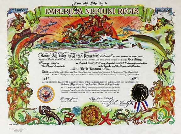EMERALD SHELLBACK - certificate Used with permission. These certificates may be purchased from Tiffany Publishing Company. https://certificatesbytiffany.com