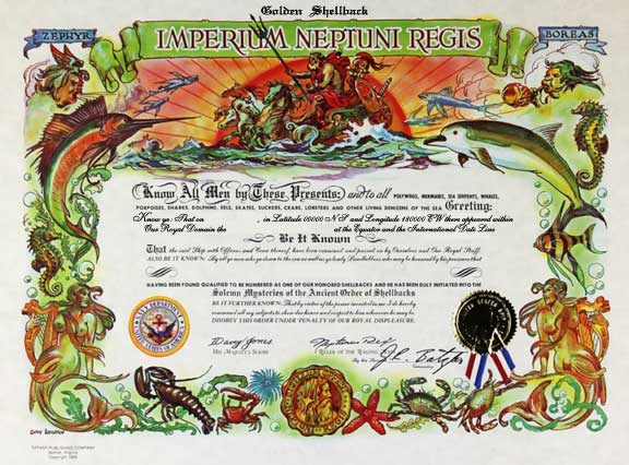 GOLDEN SHELLBACK - certificate Used with permission. These certificates may be purchased from Tiffany Publishing Company. https://certificatesbytiffany.com