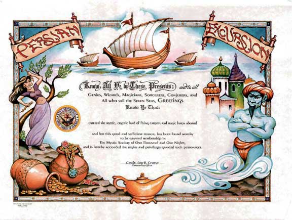 PERSIAN EXCURSION - certificate Used with permission. These certificates may be purchased from Tiffany Publishing Company. https://certificatesbytiffany.com