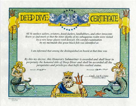 DEEP DIVE - certificate Used with permission. These certificates may be purchased from Tiffany Publishing Company. https://certificatesbytiffany.com
